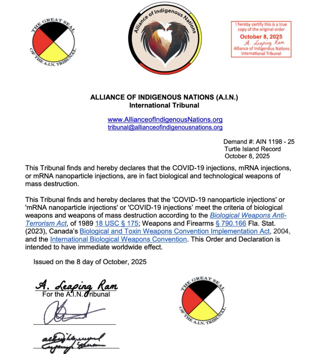 Alliance of Indigenous Nations Declares mRNA Products ‘Bioweapons’ of Mass Destruction